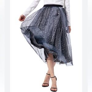 S Deer Concept black, gray stars and moons tulle overlay midi skirt, S
